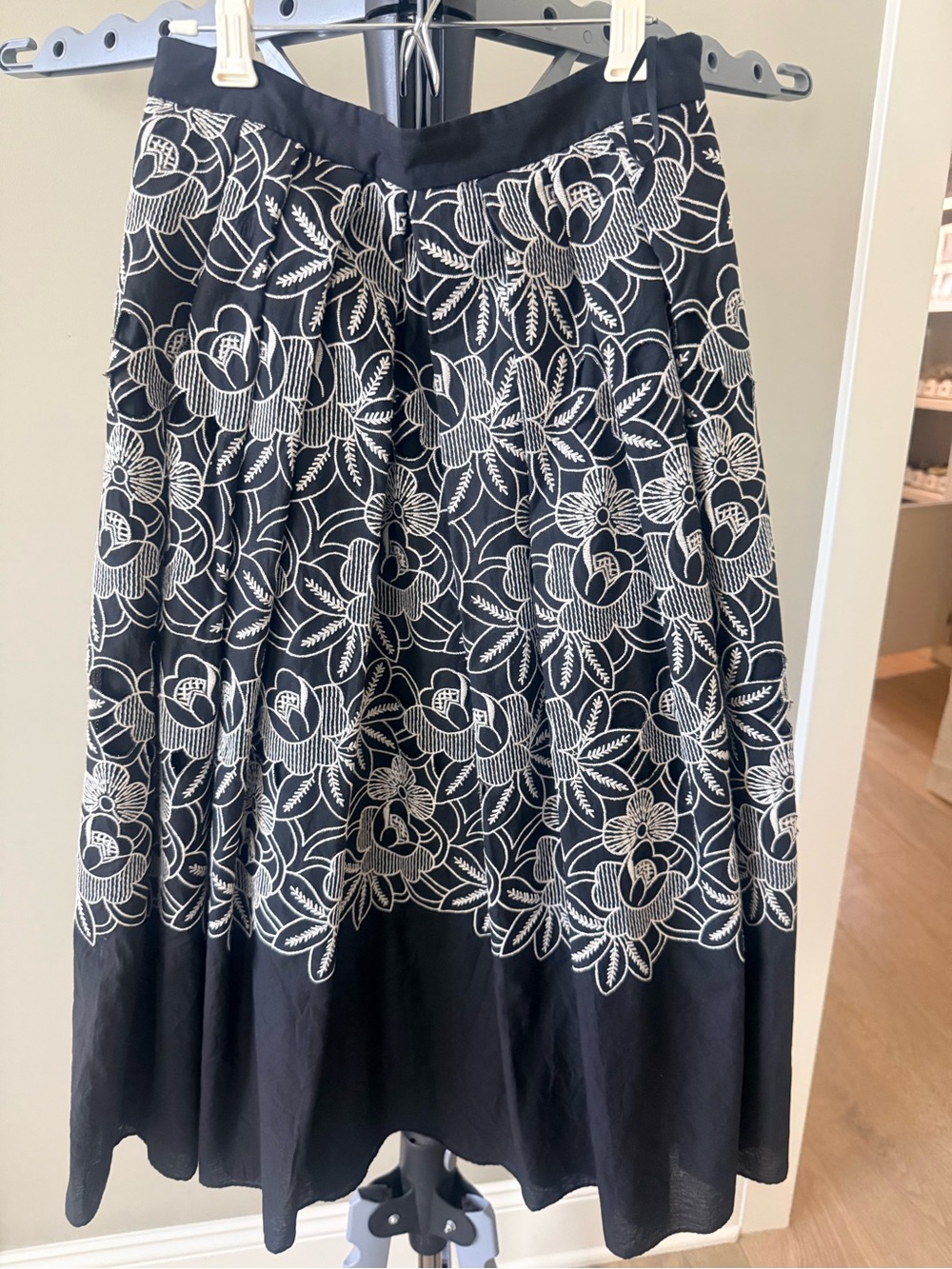 Tibi Black Floral Lace-Detail A-Line Midi Skirt